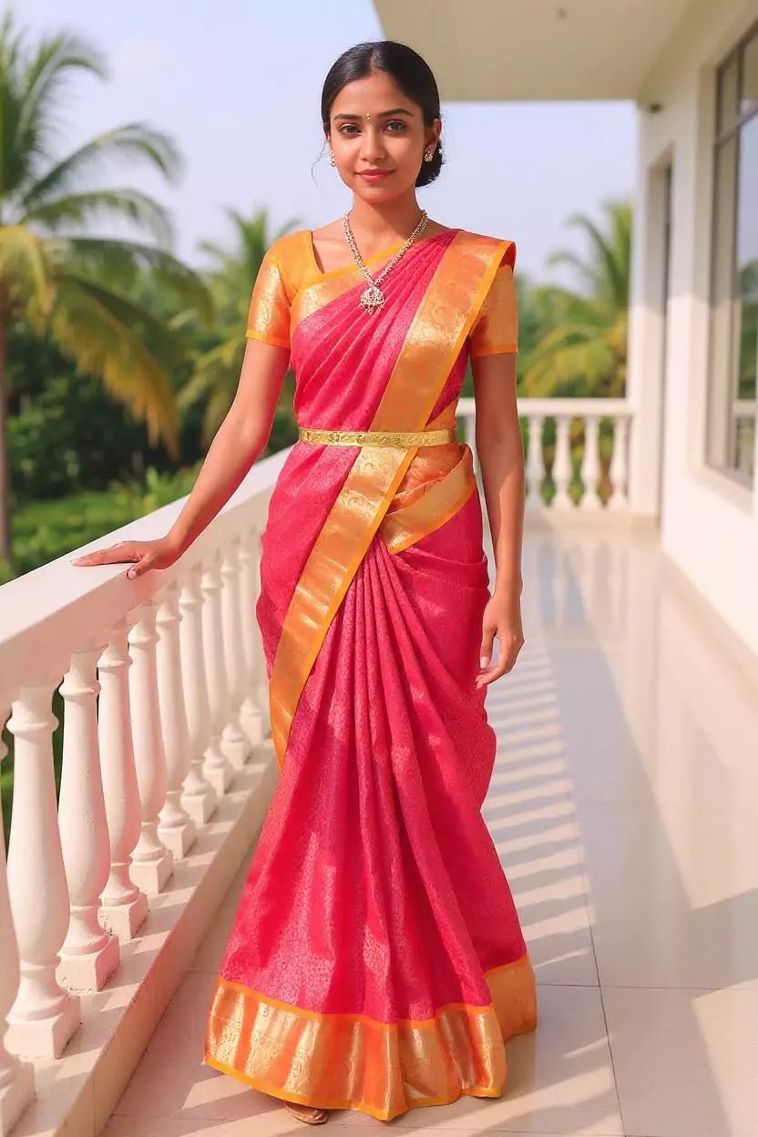 Image of Pink Floral Golden Zari Contrast Border Silk Saree - South India Shopping Mall