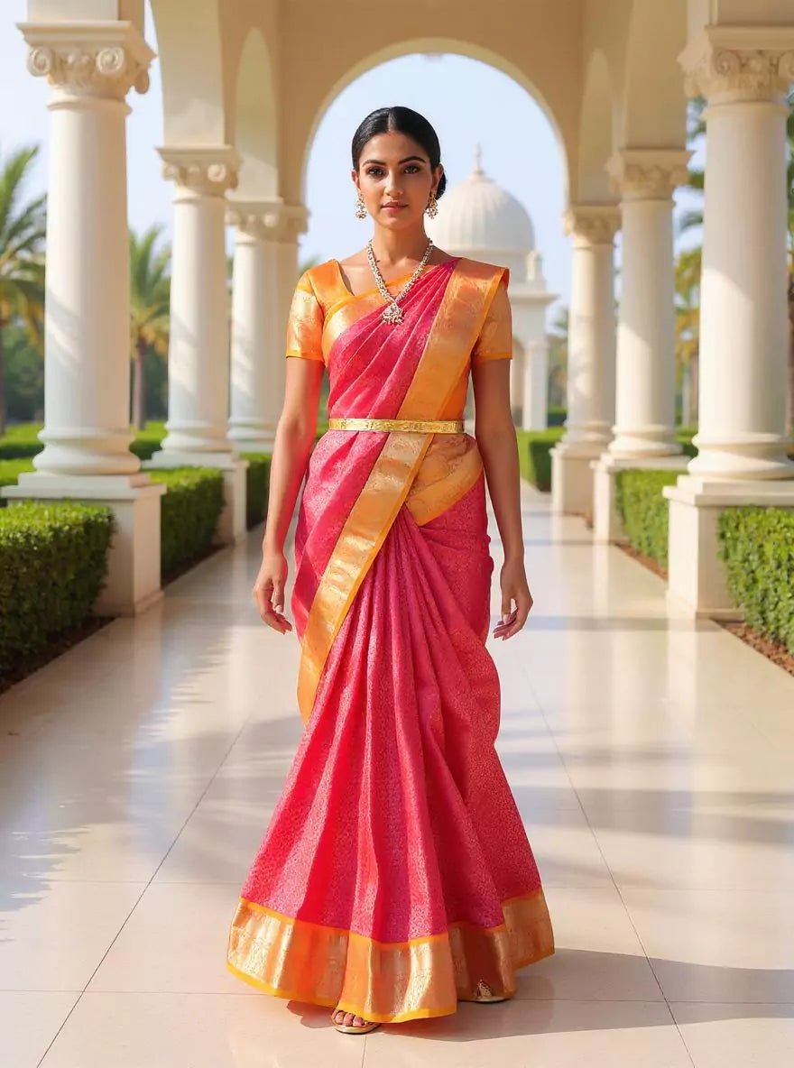 Image of Pink Floral Golden Zari Contrast Border Silk Saree - South India Shopping Mall