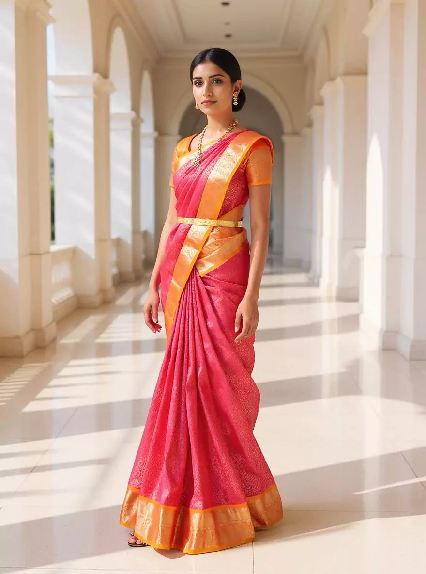 Image of Pink Floral Golden Zari Contrast Border Silk Saree - South India Shopping Mall