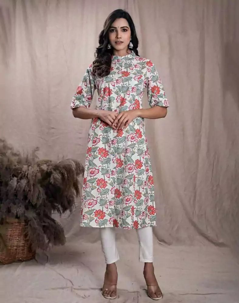 Image of Pink Floral Print Cotton Kurti - South India Shopping Mall