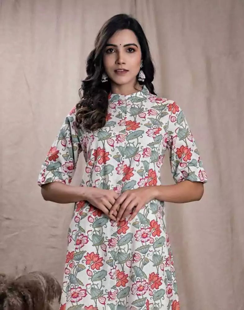 Image of Pink Floral Print Cotton Kurti - South India Shopping Mall