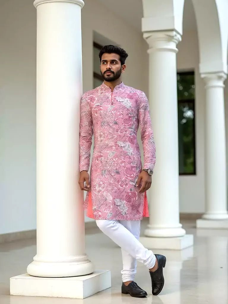 Image of Pink Floral Print Cotton Silk Kurta - South India Shopping Mall