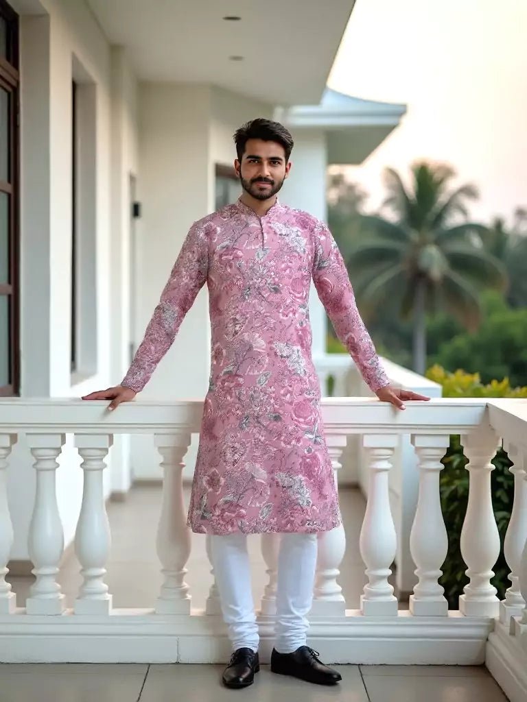 Image of Pink Floral Print Cotton Silk Kurta - South India Shopping Mall