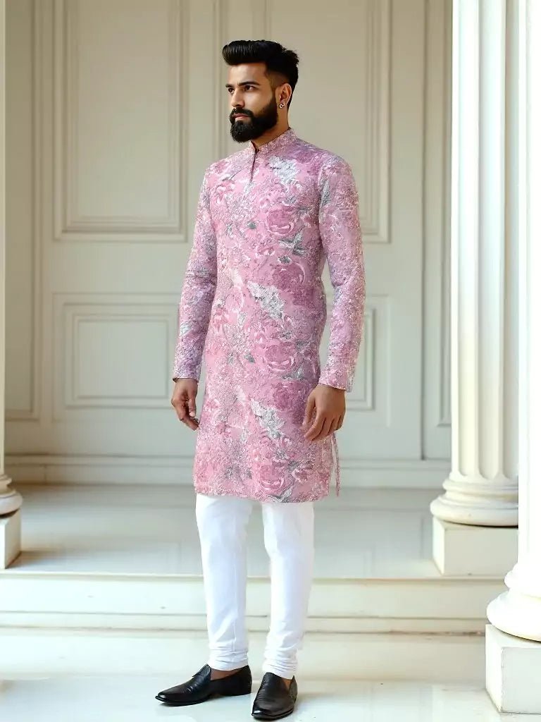Image of Pink Floral Print Cotton Silk Kurta - South India Shopping Mall