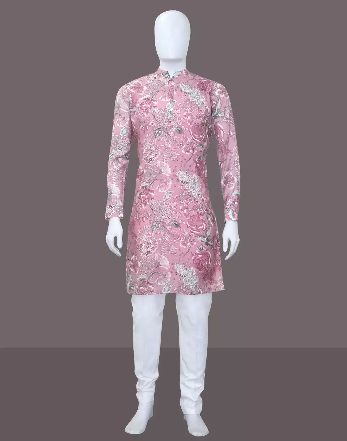 Image of Pink Floral Print Cotton Silk Kurta - South India Shopping Mall