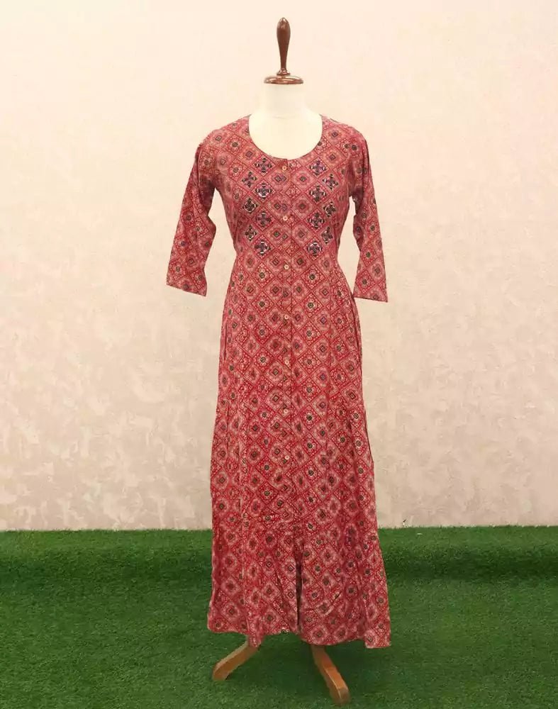 Image of Pink Geometric Mirror work Silk Kurti - South India Shopping Mall