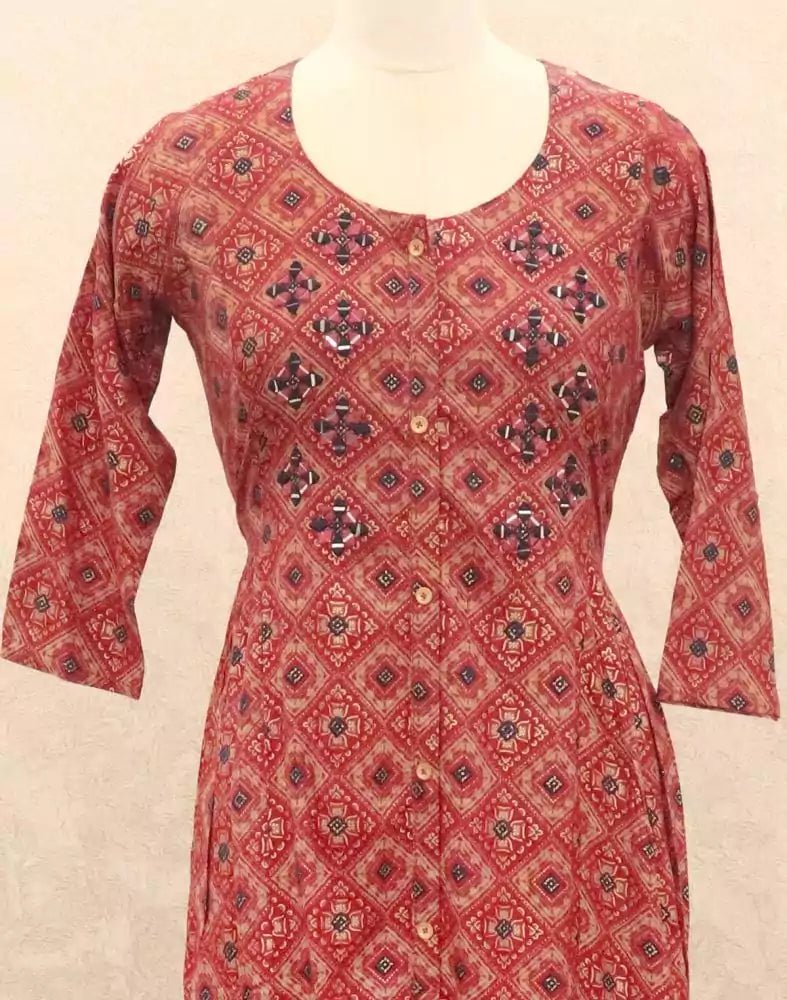 Image of Pink Geometric Mirror work Silk Kurti - South India Shopping Mall