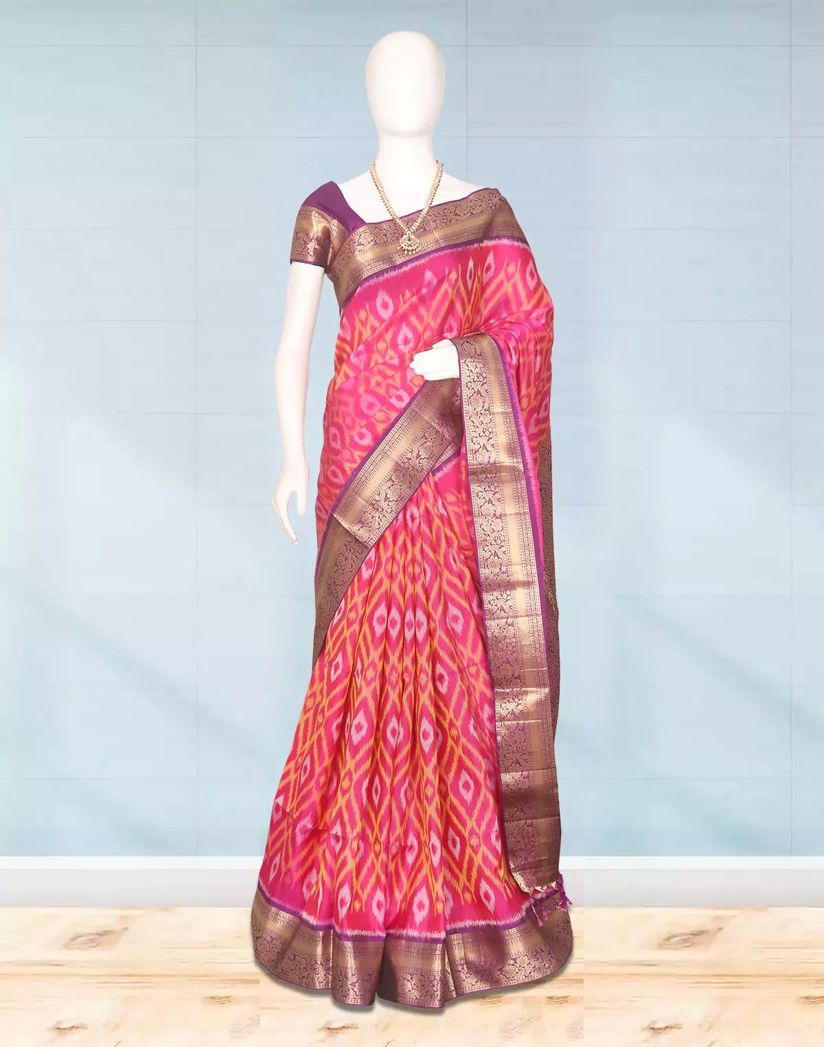 Image of Pink Ikat Coimbatore Pure Silk Saree - South India Shopping Mall