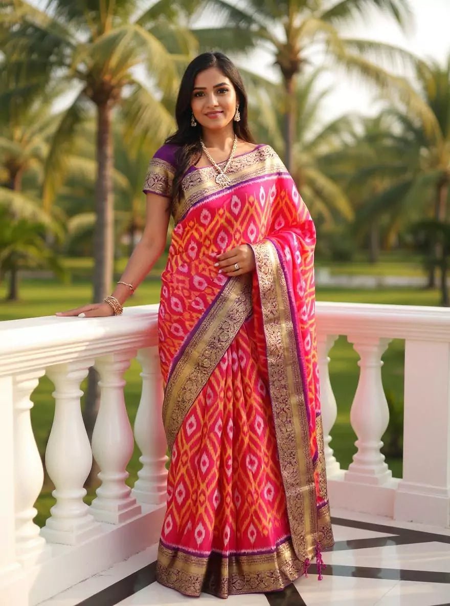 Image of Pink Ikat Coimbatore Pure Silk Saree - South India Shopping Mall