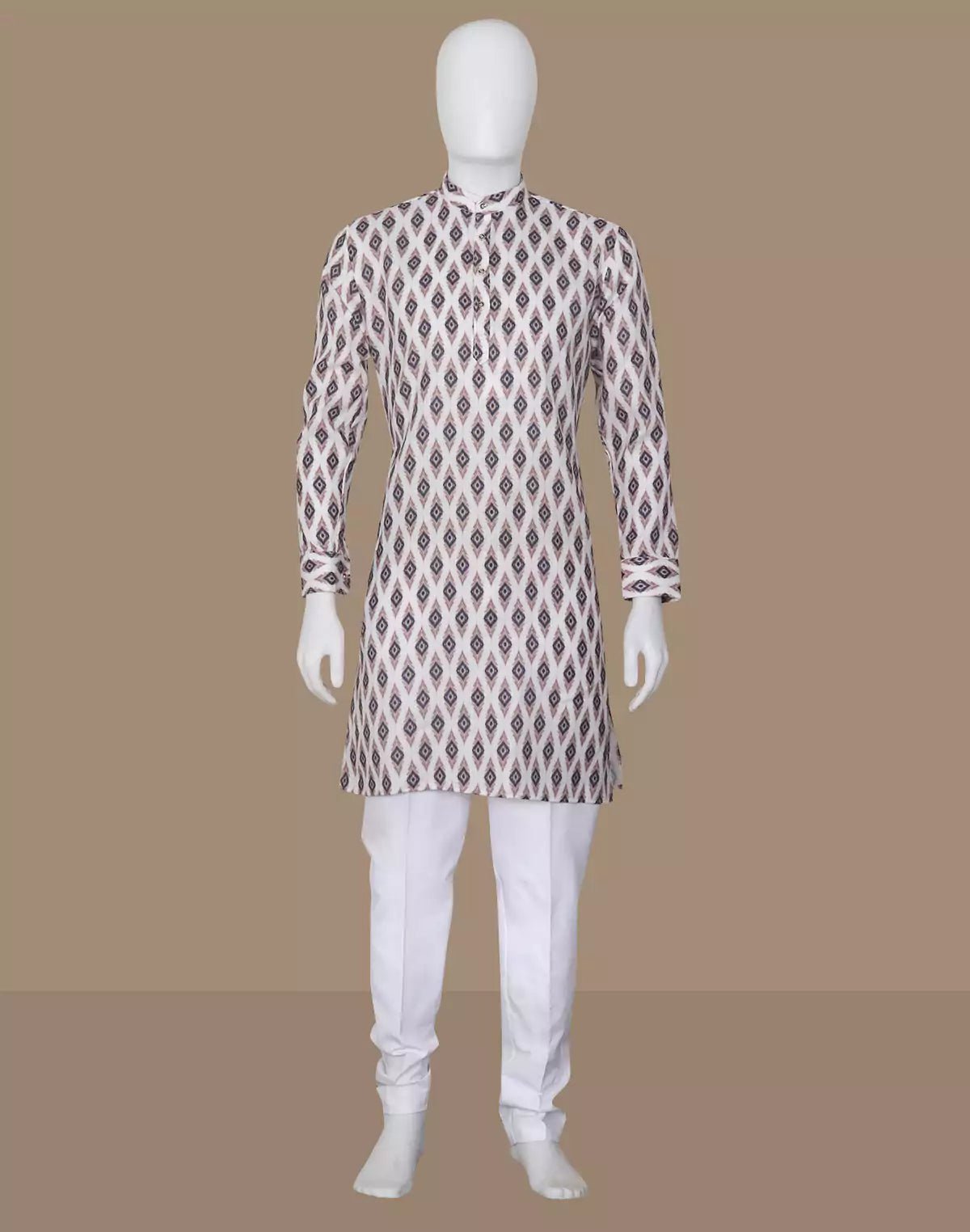 Image of Pink Ikat Print Cotton Kurta for Men - South India Shopping Mall