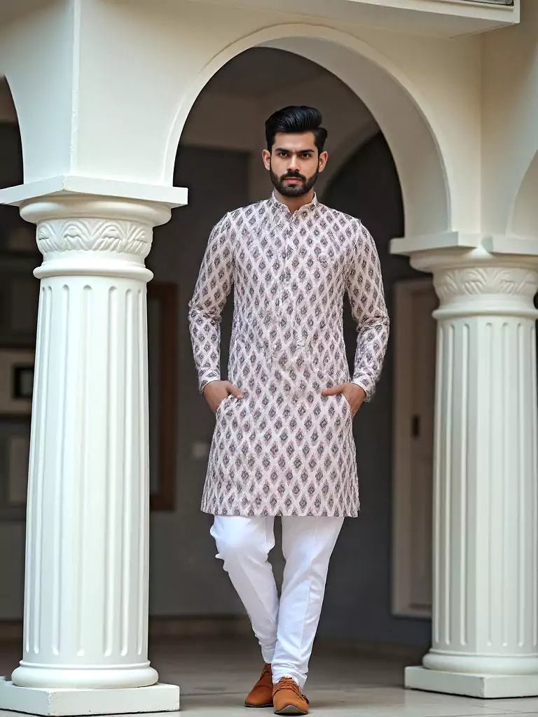 Image of Pink Ikat Print Cotton Kurta for Men - South India Shopping Mall