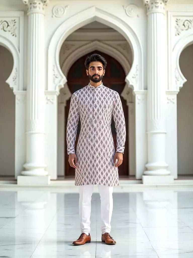 Image of Pink Ikat Print Cotton Kurta for Men - South India Shopping Mall