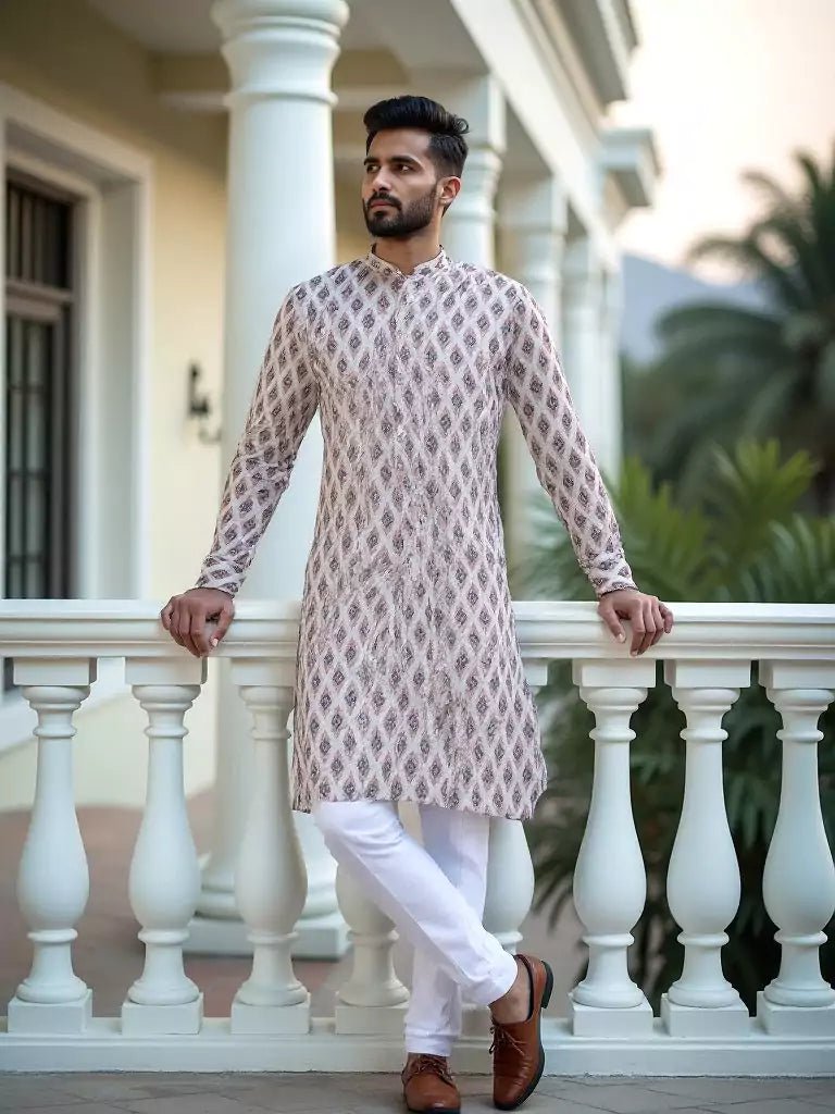 Image of Pink Ikat Print Cotton Kurta for Men - South India Shopping Mall