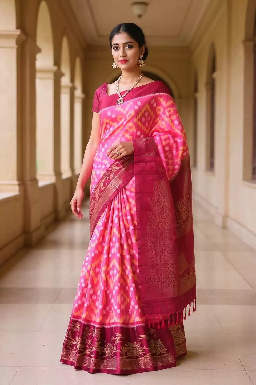 Image of Pink Ikat Pure Silk Coimbatore Saree with Maroon Contrast Border - South India Shopping Mall