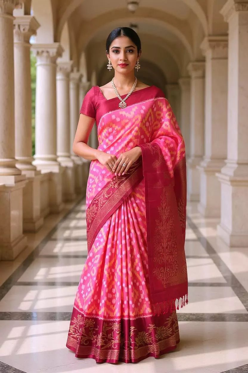 Image of Pink Ikat Pure Silk Coimbatore Saree with Maroon Contrast Border - South India Shopping Mall