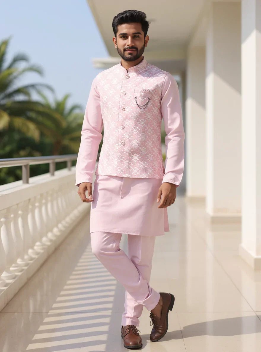 Image of Pink Kurta Set with Thread Embroidered Raw Silk Jacket - South India Shopping Mall