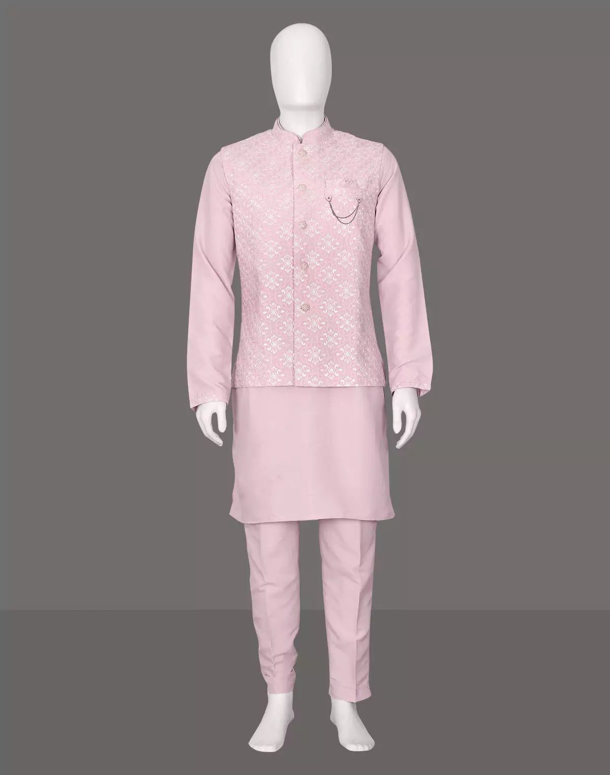 Image of Pink Kurta Set with Thread Embroidered Raw Silk Jacket - South India Shopping Mall