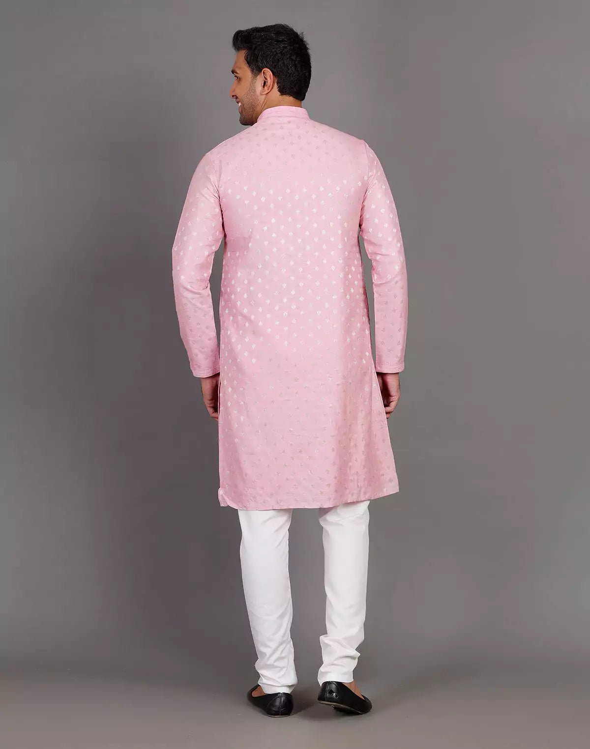 Image of Pink Raw Silk All Over Silver Bootis Kurta Pyjama Set - South India Shopping Mall
