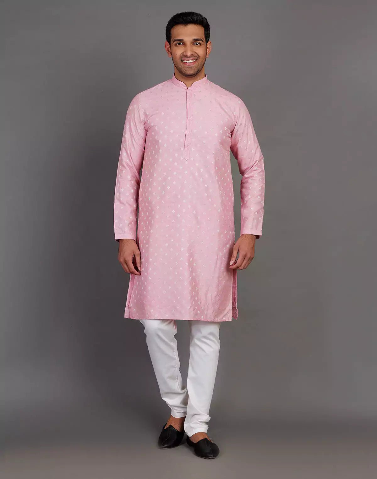 Image of Pink Raw Silk All Over Silver Bootis Kurta Pyjama Set - South India Shopping Mall