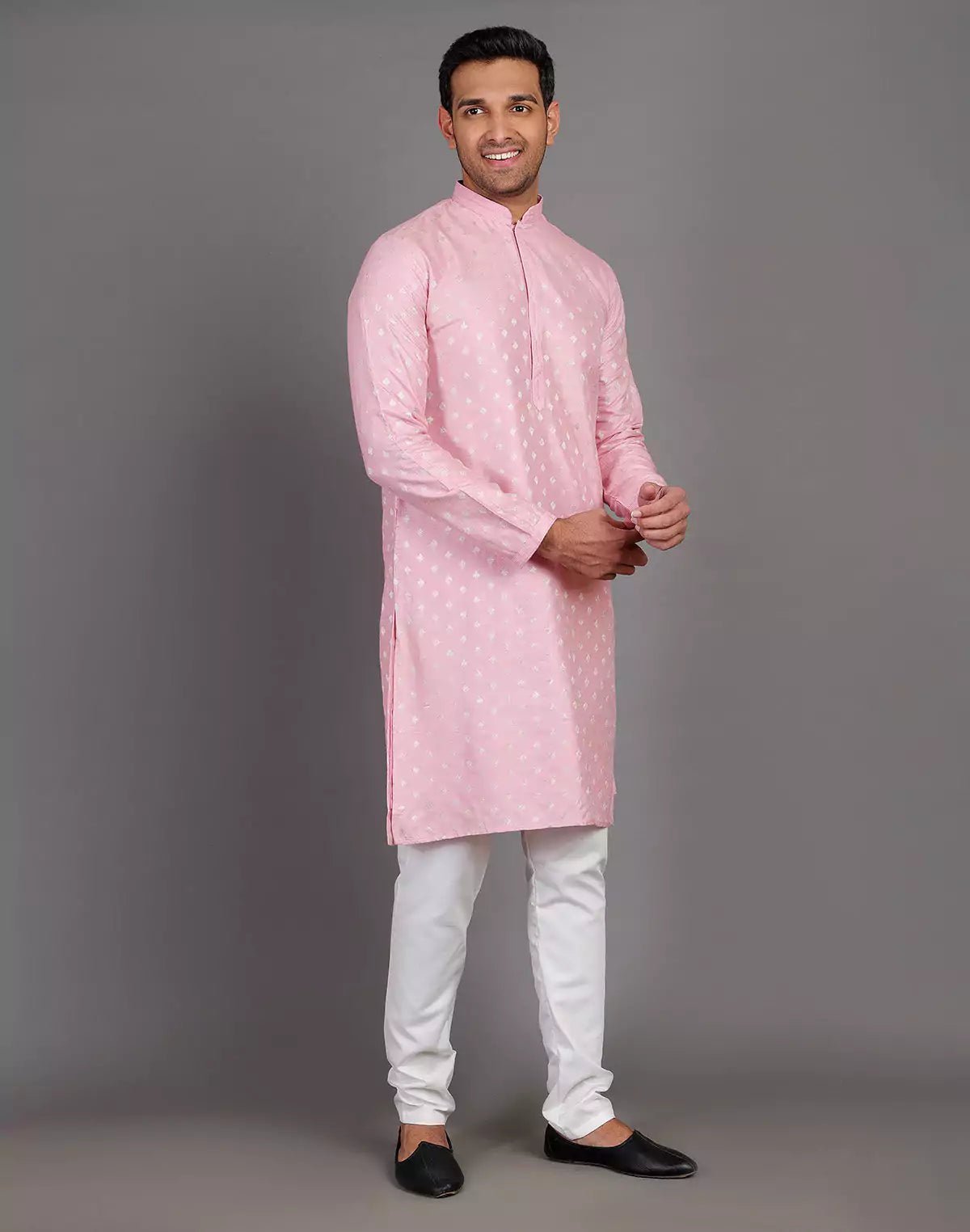 Image of Pink Raw Silk All Over Silver Bootis Kurta Pyjama Set - South India Shopping Mall