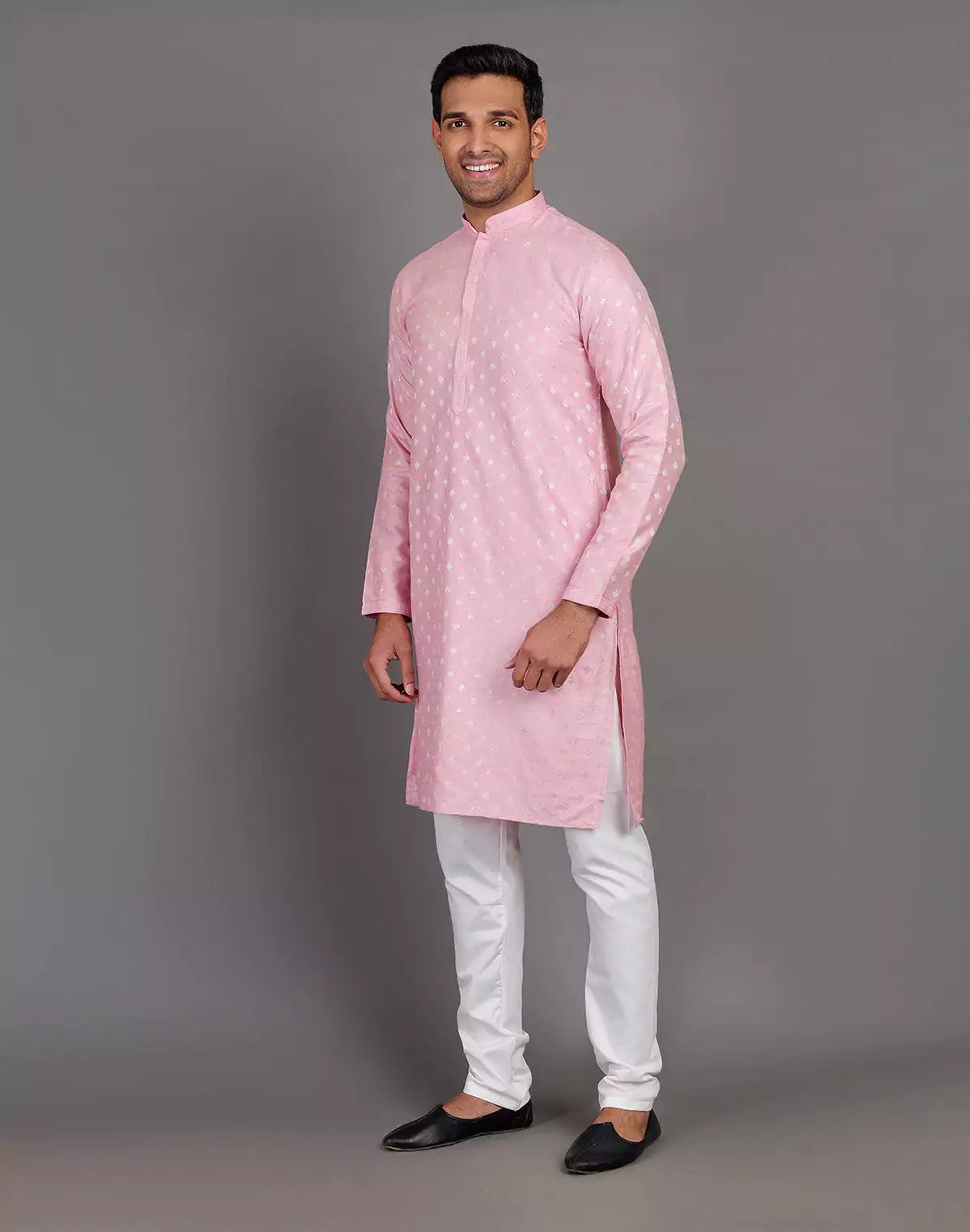 Image of Pink Raw Silk All Over Silver Bootis Kurta Pyjama Set - South India Shopping Mall