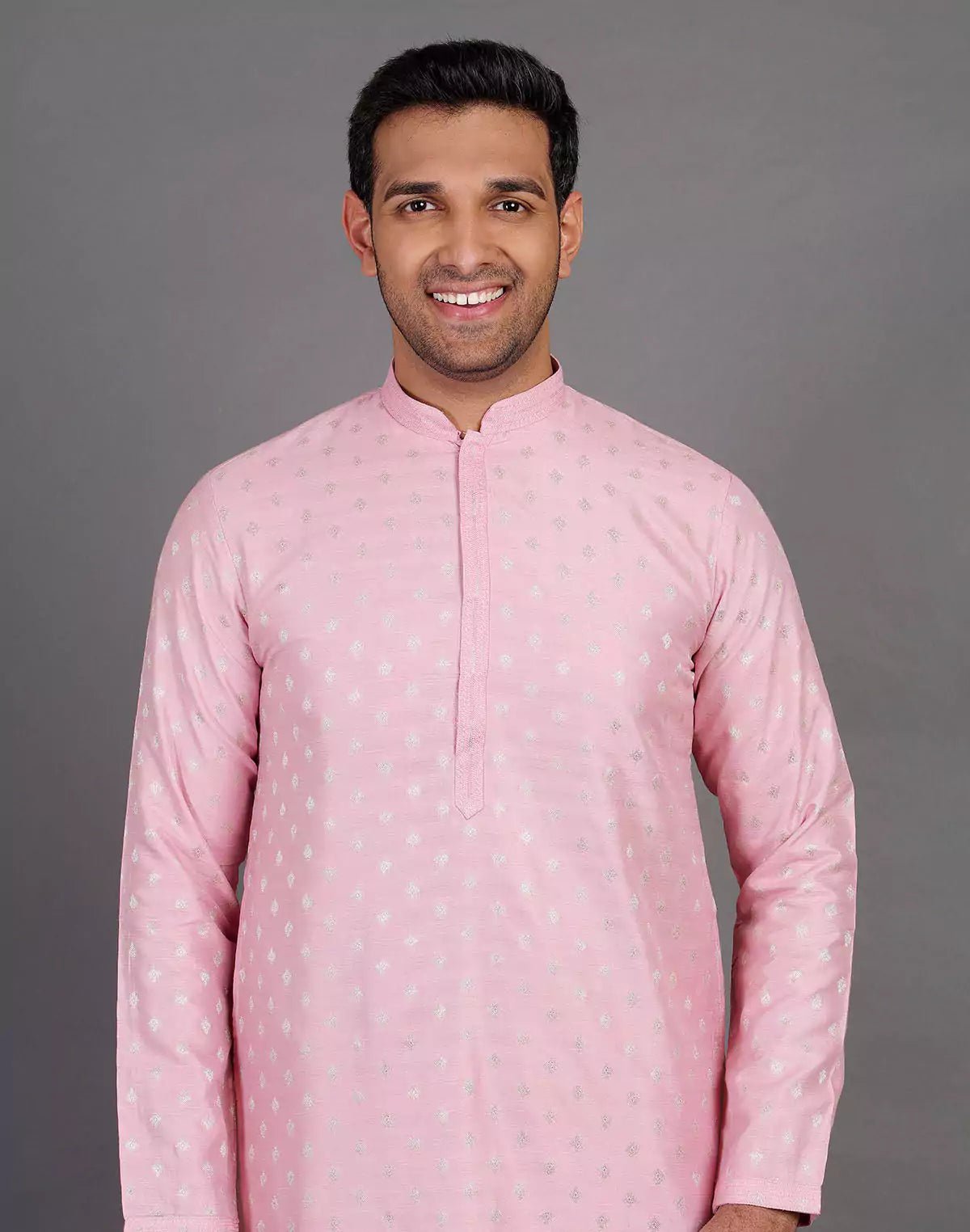 Image of Pink Raw Silk All Over Silver Bootis Kurta Pyjama Set - South India Shopping Mall