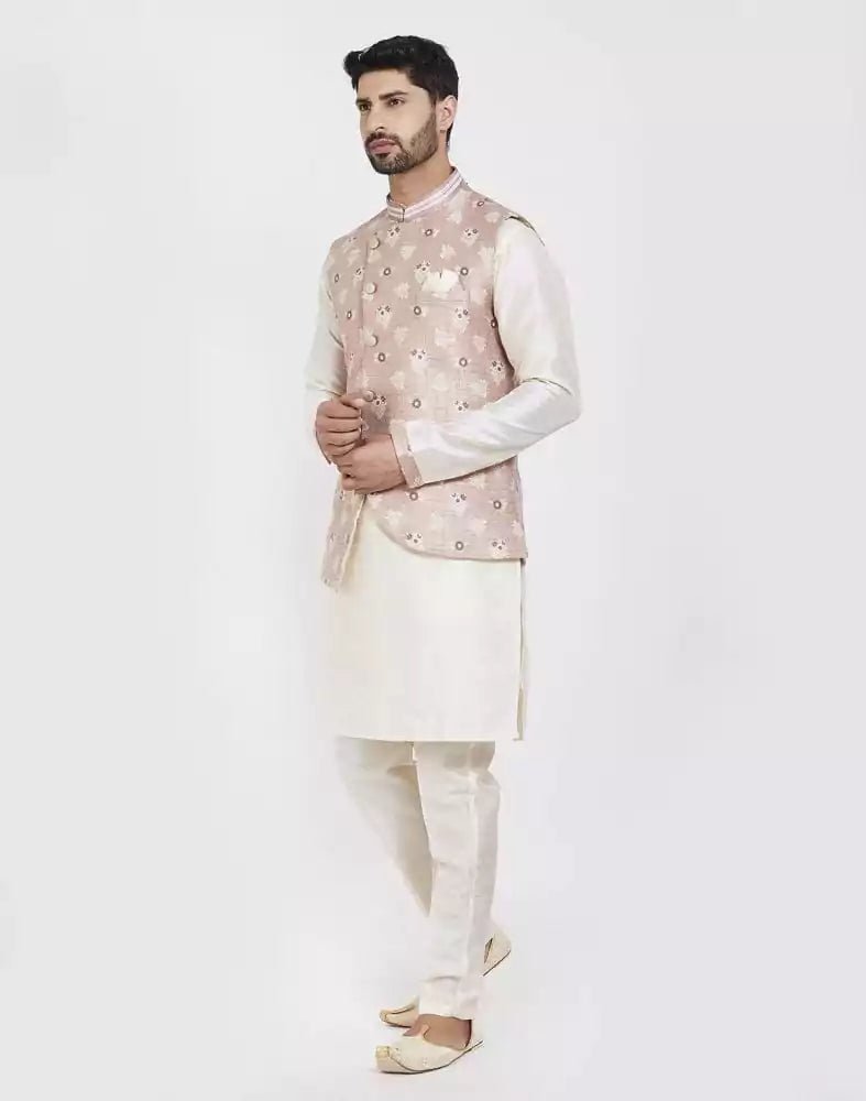 Image of Pink Self Brocade Kurta Set - South India Shopping Mall