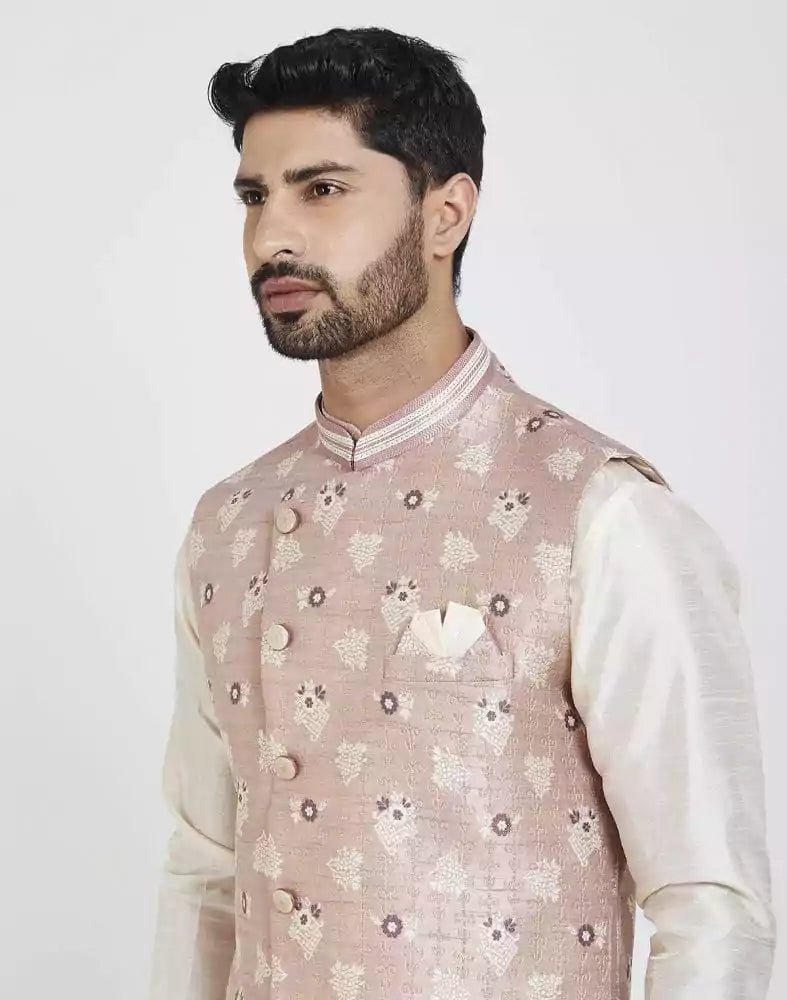 Image of Pink Self Brocade Kurta Set - South India Shopping Mall