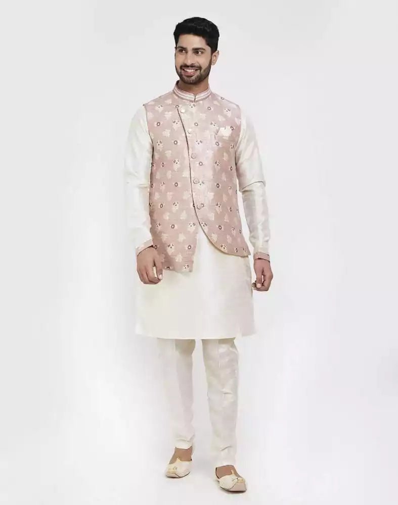 Image of Pink Self Brocade Kurta Set - South India Shopping Mall
