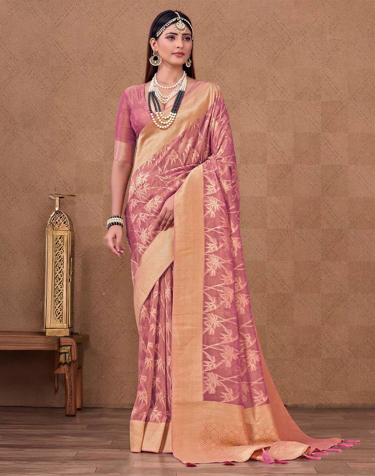 Image of Pink Shaded Fancy Organza Contrast Border Saree - South India Shopping Mall