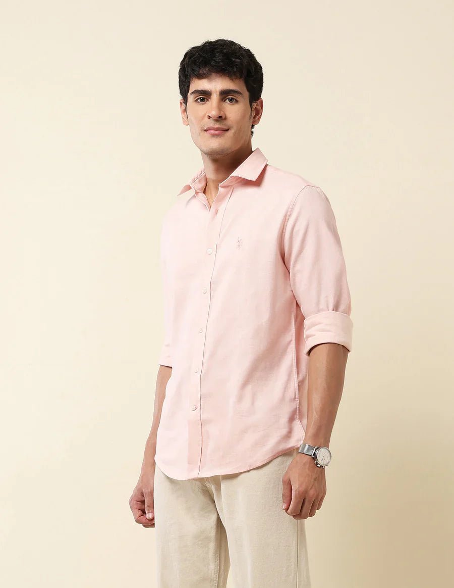Image of Pink Textured Lenin Cotton Tailored Fit Shirt - South India Shopping Mall