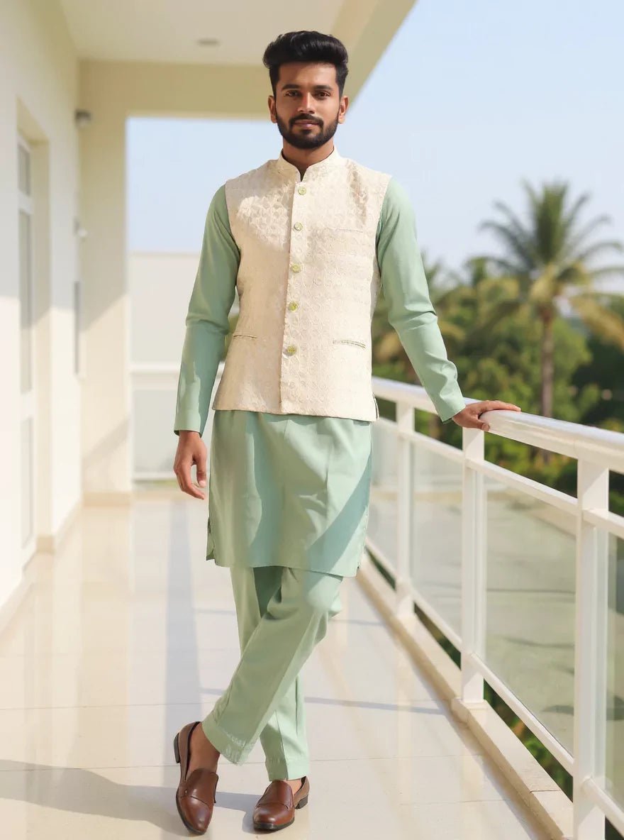 Image of Pista Conch Shell Pattern Jacquard Kurta Jacket Set - South India Shopping Mall