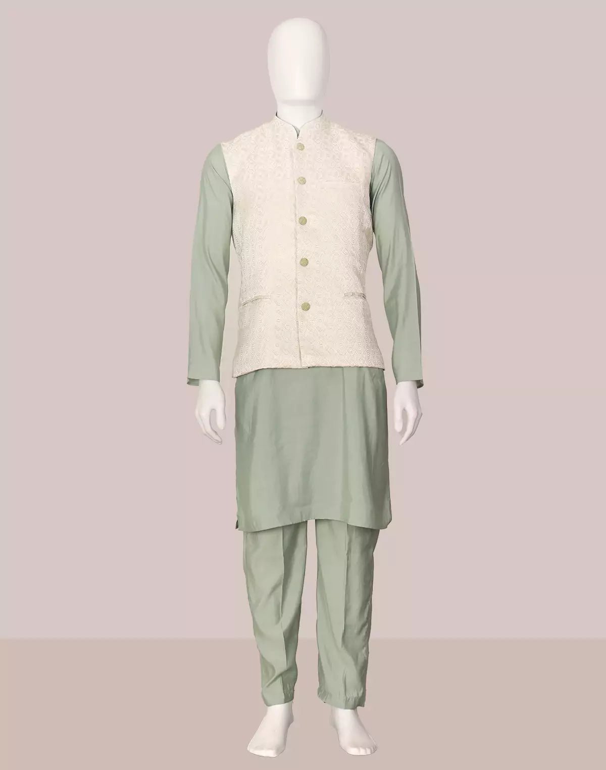Image of Pista Conch Shell Pattern Jacquard Kurta Jacket Set - South India Shopping Mall