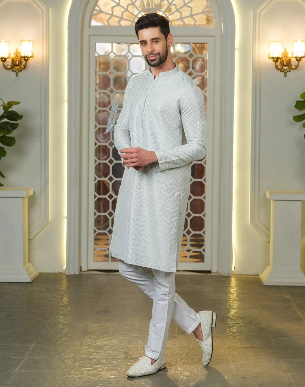 Image of Pista Floral Design Thread Embroidery work Kurta Pyjama Set - South India Shopping Mall