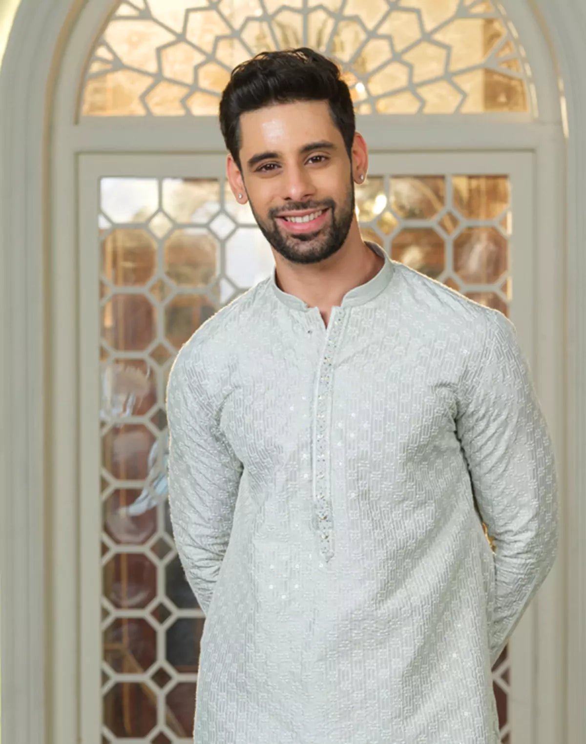 Image of Pista Floral Design Thread Embroidery work Kurta Pyjama Set - South India Shopping Mall