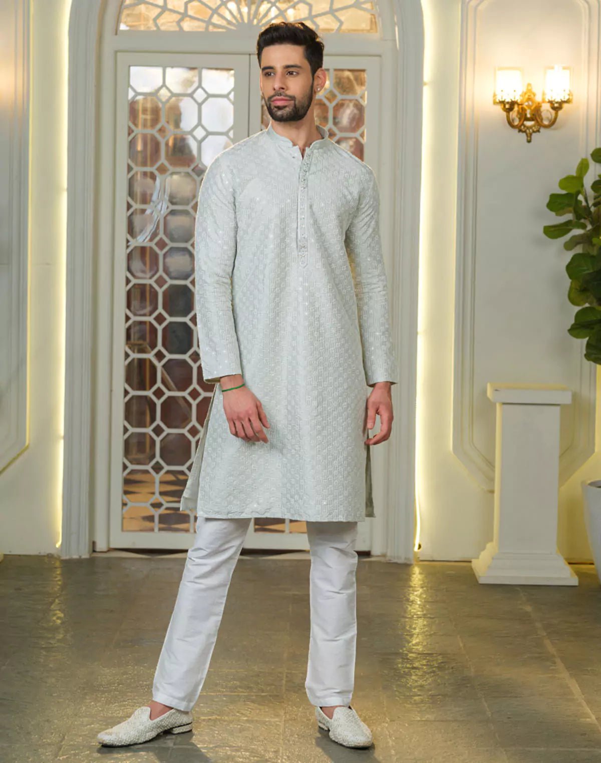 Image of Pista Floral Design Thread Embroidery work Kurta Pyjama Set - South India Shopping Mall