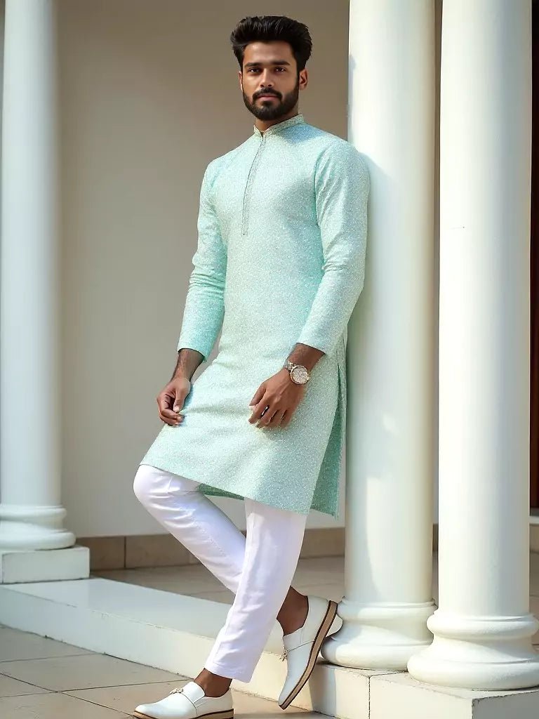 Image of Pista Floral Weaving Jacquard Kurta Pyjama Set - South India Shopping Mall