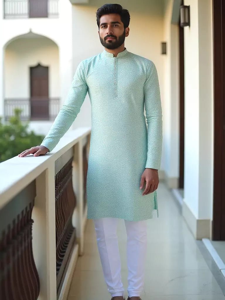 Image of Pista Floral Weaving Jacquard Kurta Pyjama Set - South India Shopping Mall