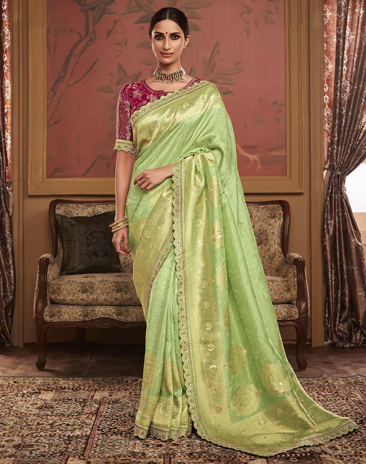 Image of Pista Green Designer Dola Silk Saree With Embroidery Work Blouse - South India Shopping Mall