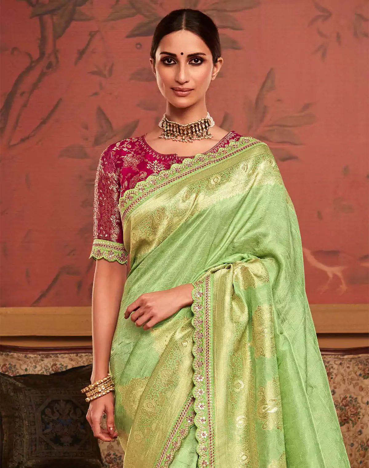 Image of Pista Green Designer Dola Silk Saree With Embroidery Work Blouse - South India Shopping Mall
