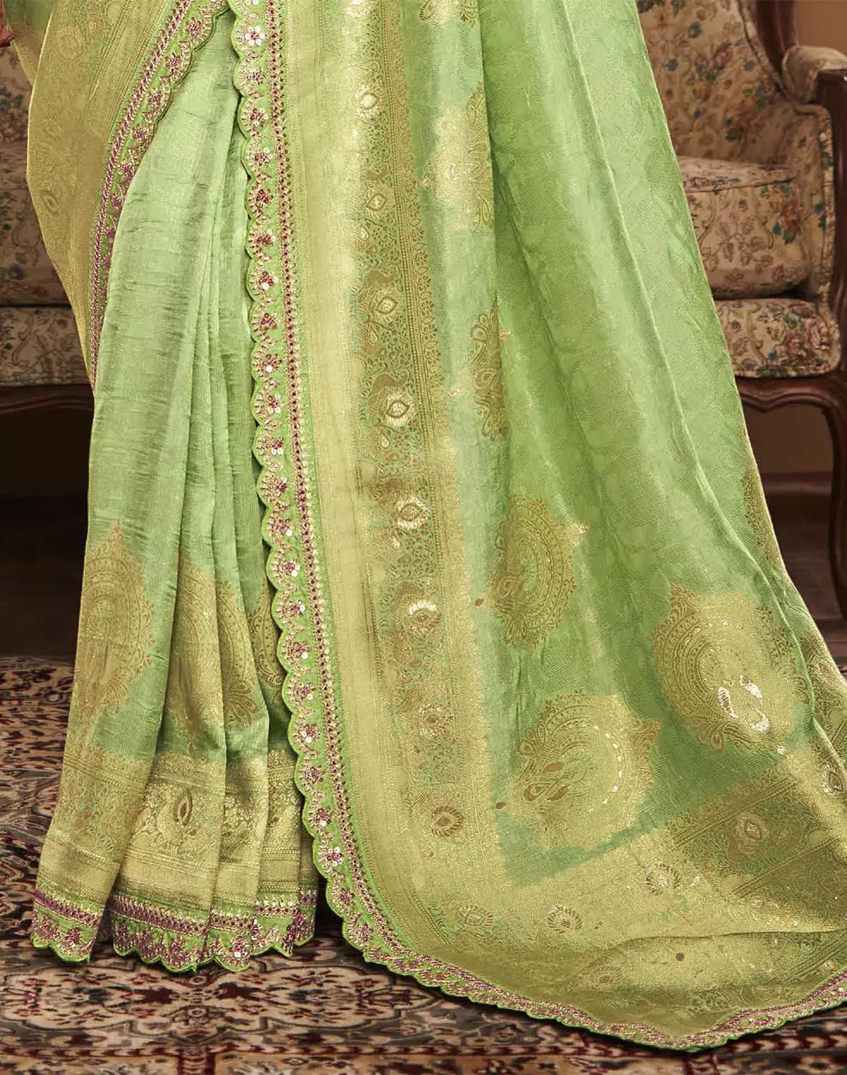 Image of Pista Green Designer Dola Silk Saree With Embroidery Work Blouse - South India Shopping Mall