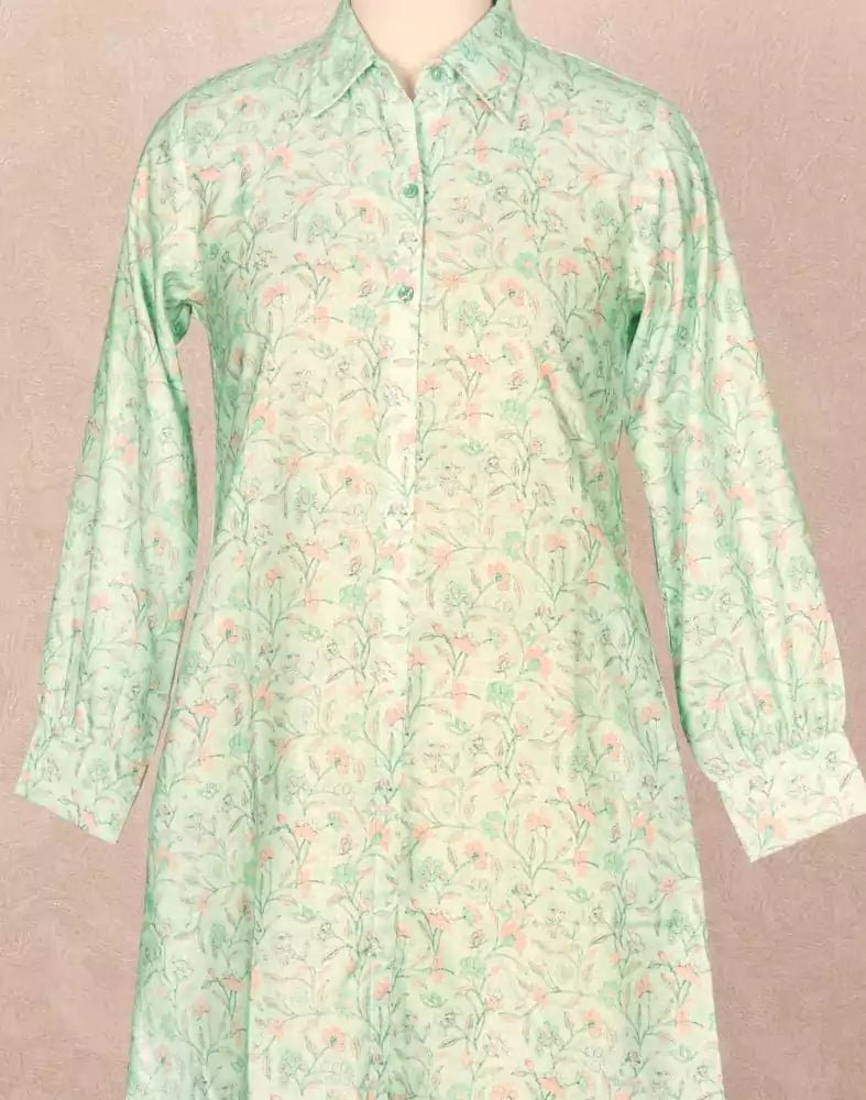 Image of Pista Green Floral Cotton Printed Tops - South India Shopping Mall
