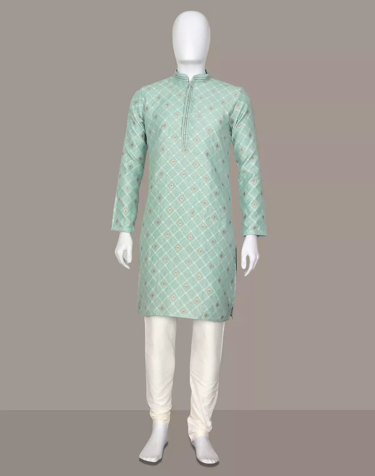 Image of Pista Green Floral Weaving with Zari Butta's Raw Silk Kurta Pajama - South India Shopping Mall