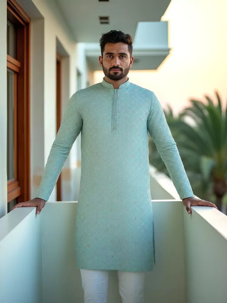 Image of Pista Green Floral Weaving with Zari Butta's Raw Silk Kurta Pajama - South India Shopping Mall