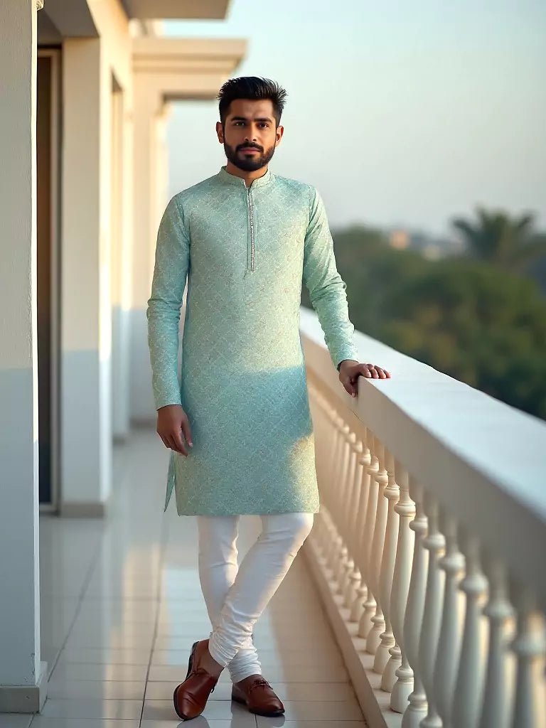 Image of Pista Green Floral Weaving with Zari Butta's Raw Silk Kurta Pajama - South India Shopping Mall