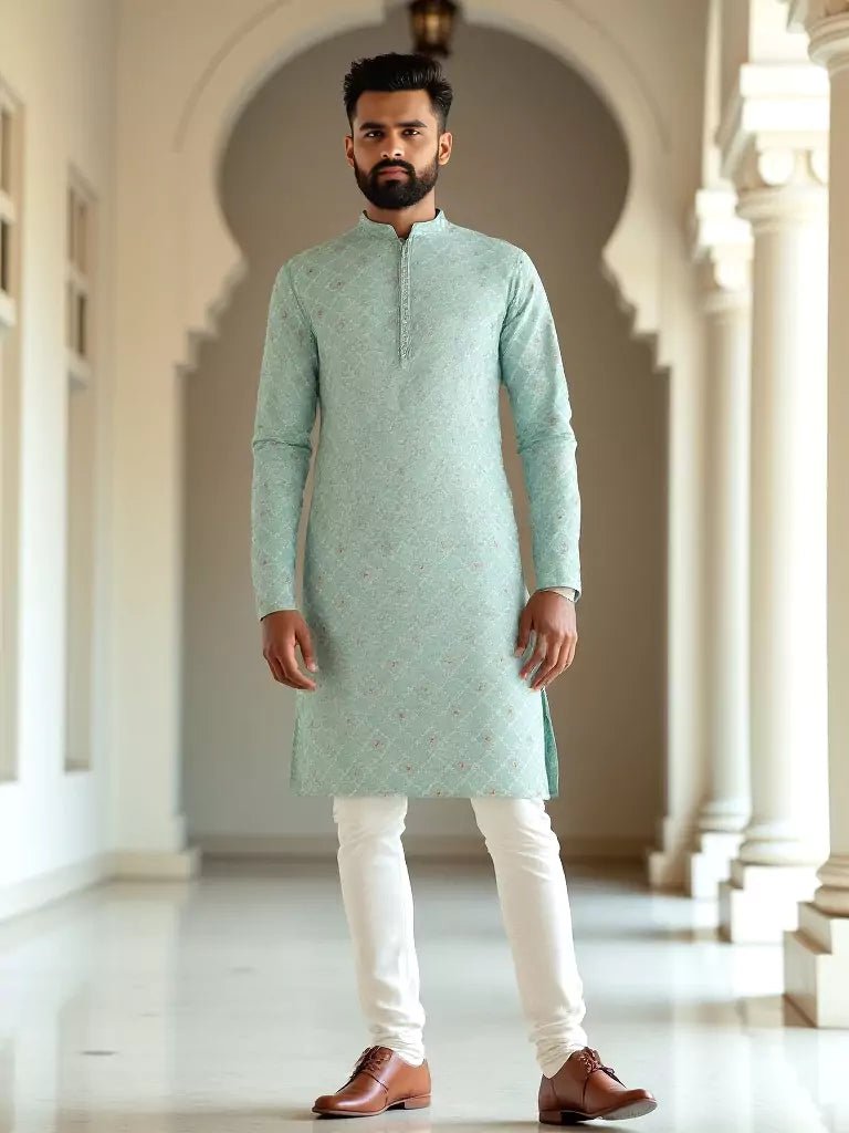 Image of Pista Green Floral Weaving with Zari Butta's Raw Silk Kurta Pajama - South India Shopping Mall