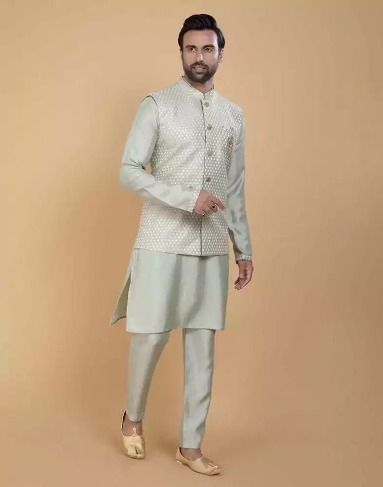 Image of Pista Green Impressive Self Highlighted Design Kurta Jacket Set - South India Shopping Mall