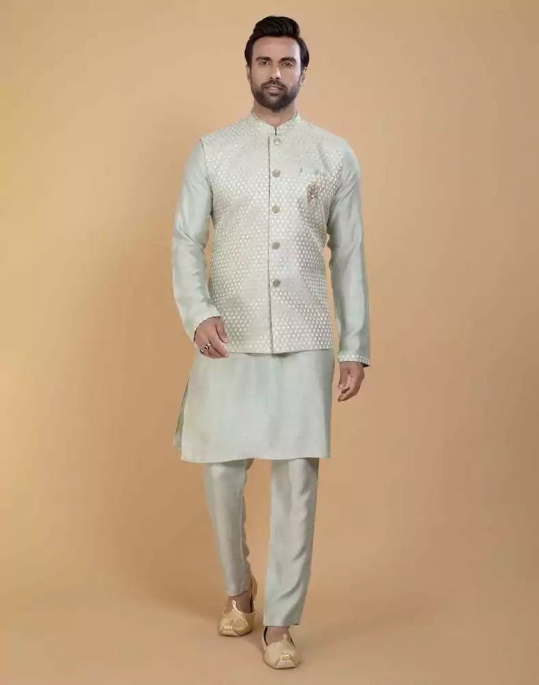 Image of Pista Green Impressive Self Highlighted Design Kurta Jacket Set - South India Shopping Mall