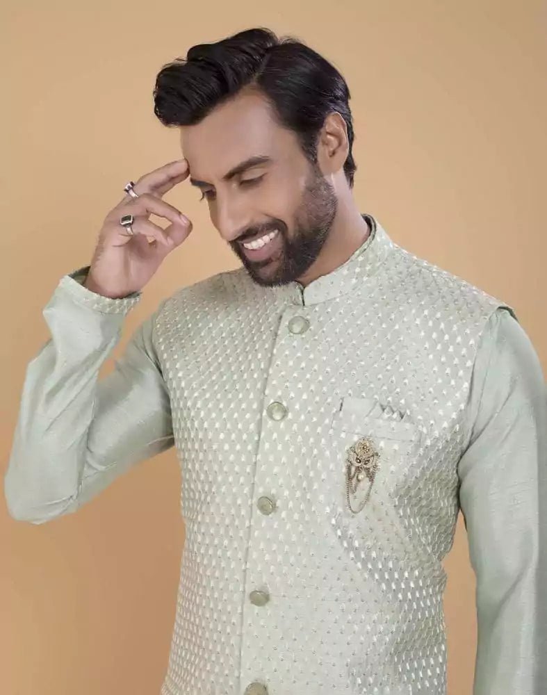 Image of Pista Green Impressive Self Highlighted Design Kurta Jacket Set - South India Shopping Mall