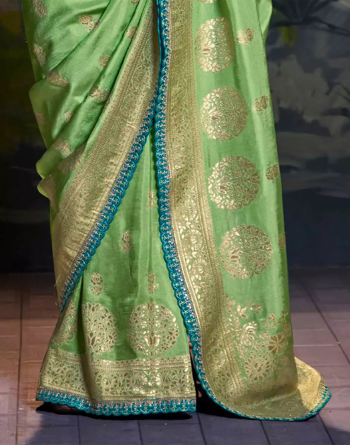 Image of Pista Green Pure Dola Silk Saree With Designer Blue Embroidery Work Blouse - South India Shopping Mall